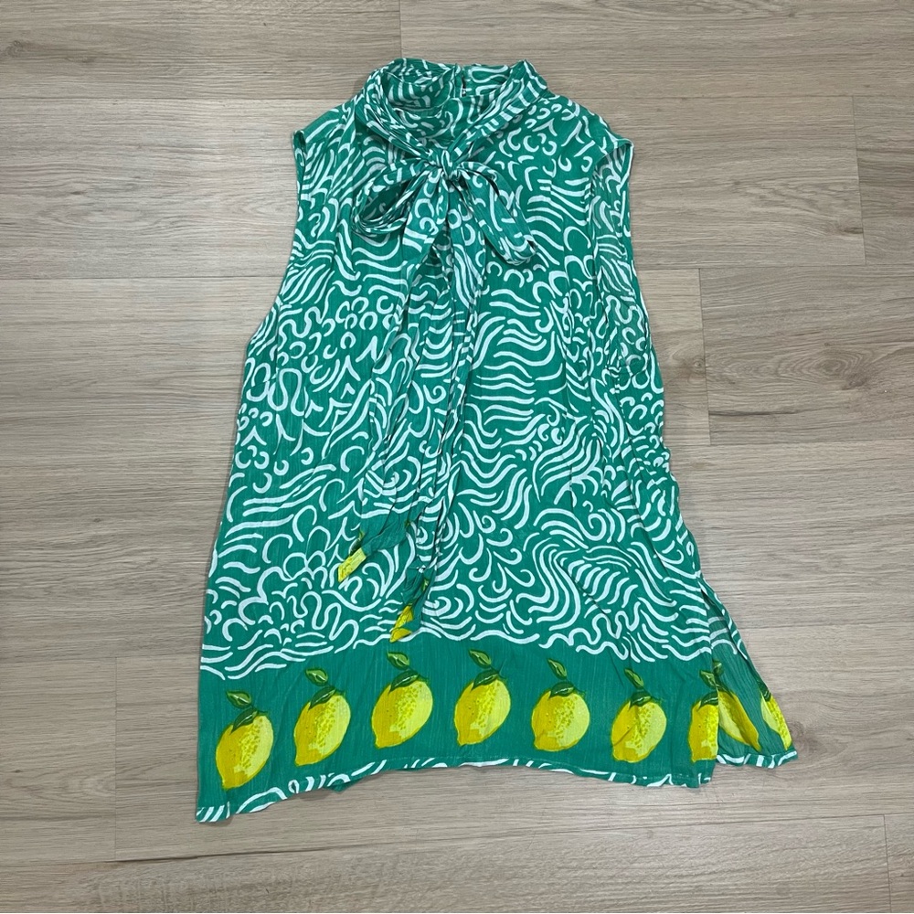 New York & Company Teal and Yellow Lemon Print Blouse